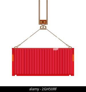 Conteneur d'expédition de fret suspendu sur crochet de grue isolé sur fond blanc. Une grue de port lève le conteneur de fret rouge. Vue avant. Illustration vectorielle Illustration de Vecteur