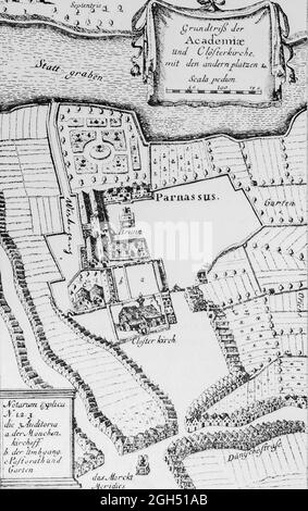 Mise en page de l'Académie et du monastère et d'autres lieux dans la ville de Kiel, gravure historique de 1665 à l'échelle, Schleswig-Holstein, Allemagne du Nord, Banque D'Images