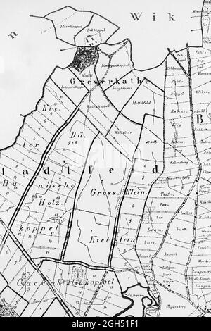 Détail de la carte historique de tous les biens immobiliers de la ville de Kiel en l'an 1846, illustration, Schleswig-Holstein, Allemagne du Nord, Banque D'Images