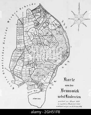 Carte historique de Brunswik et des étates en 1769, au nord de la ville de Kiel, échelle d'environ 1:4600, illustration, , Schleswig-Holstein, Allemagne du Nord, Banque D'Images