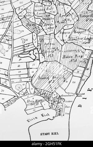 Détail de la carte historique de Brunswik et des étates en 1769, au nord de la ville de Kiel, échelle environ 1:4600, illustration, , Schleswig-Holstein, Allemagne du Nord, Banque D'Images