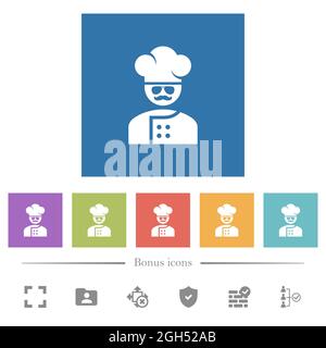 chef cuisinier avec des lunettes et une moustache plate icônes blanches sur fond carré. 6 icônes bonus incluses. Illustration de Vecteur