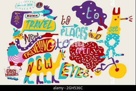 Illustration vectorielle dessin à la main de la peinture murale de voyage d'été. Coloré énergique jeune positif joyeuse image des mots-clés de motivation Illustration de Vecteur