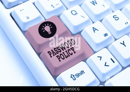 Légende présentant la stratégie de mot de passe. Aperçu de l'entreprise première ligne de protection contre tout accès non autorisé développement d'un nouveau site Web interactif Banque D'Images