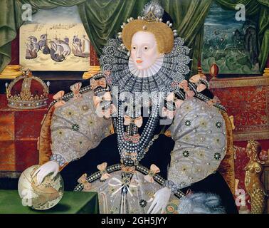 Le « Portrait d'Armada » de la reine Elizabeth I, reine d'Angleterre de 1558 à 1603. Cette peinture commémore la défaite de l'Armada espagnole, représentée en arrière-plan. La main d'Elizabeth repose sur le globe, symbolisant sa puissance internationale. Banque D'Images