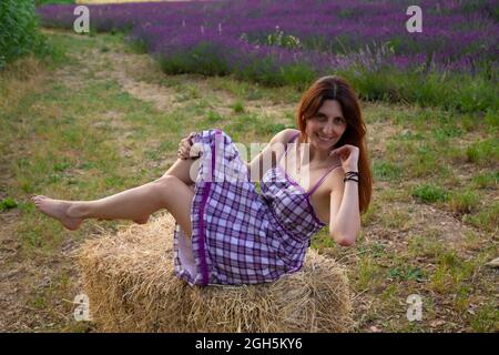 femme vêtue d'une robe lilas dans un champ de lavande, assise sur une botte de foin. rires et aime la vie Banque D'Images