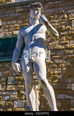 Reproduction de la statue David de Michel-Ange en face du Palazzo Vecchio à Florence, Italie Banque D'Images