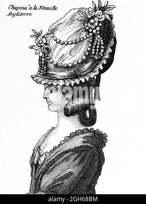 Beauté élégante avec sa coiffure fantaisie selon la mode de l'époque, gravure historique de Kiel, Schleswig-Holstein, Allemagne du Nord, Banque D'Images