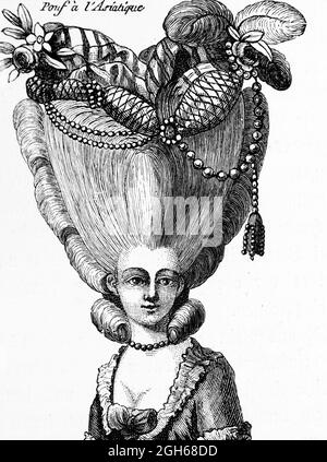 Beauté élégante avec sa coiffure fantaisie selon la mode de l'époque, gravure historique de Kiel, Schleswig-Holstein, Allemagne du Nord, Banque D'Images