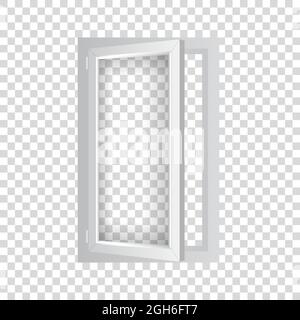 Fenêtre simple en PVC avec caisse à moitié ouverte. Modèle de maquette de fenêtre en plastique réaliste. Cadre de pare-brise blanc avec panneau transparent. Illustration de Vecteur