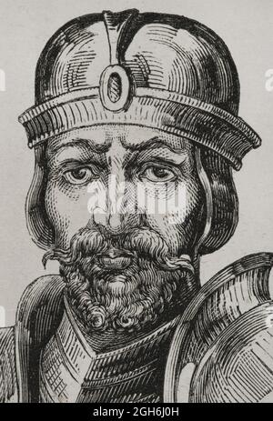 Roderick (Rodrigo). Le dernier roi Visigothic (710 à 711). Il a perdu le trône lorsque la péninsule ibérique a été envahie par les musulmans. Portrait. Gravure. Las Glorias Nacionales. Volume II, édition Madrid-Barcelone, 1853. Banque D'Images