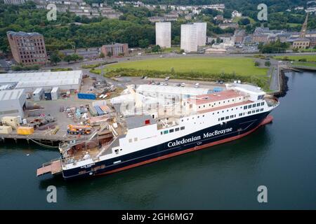 Port Glasgow, Écosse, Royaume-Uni, 5 septembre 2021, chantier naval Ferguson Marine et progrès du nouveau traversier Calmac nommé Glen Sannox Banque D'Images