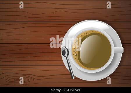 Vue de dessus d'une tasse à café blanche avec assiette et cuillère sur une table en bois. Illustration vectorielle Illustration de Vecteur