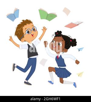 Joyeux diversité enfants camarades de classe dans l'uniforme de l'école saut entouré par des livres volants et des cahiers vecteur d'illustration plate. Mignon drôle multiracial Illustration de Vecteur