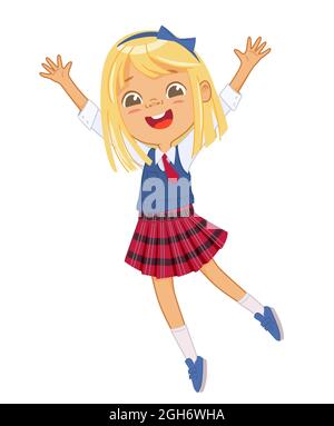 Bonne blonde européenne écolière portant l'uniforme de l'école saut se réjouir d'avoir amusant vecteur illustration plate. Femme jeune fille souriante Illustration de Vecteur