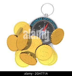 Concept d'opportunité commerciale avec boussole et pièces d'or, rendu 3D Banque D'Images