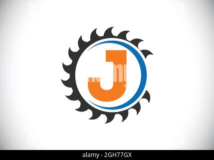 Lettre initiale du monogramme J avec la lame de scie. Menuiserie, logo en bois. Emblème de police. Logo vectoriel moderne pour les entreprises et les entreprises de scierie Illustration de Vecteur