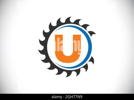 Lettre U initiale du monogramme avec la lame de scie. Menuiserie, logo en bois. Emblème de police. Logo vectoriel moderne pour les entreprises et les entreprises de scierie Illustration de Vecteur