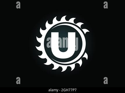 Lettre U initiale du monogramme avec la lame de scie. Menuiserie, logo en bois. Emblème de police. Logo vectoriel moderne pour les entreprises et les entreprises de scierie Illustration de Vecteur
