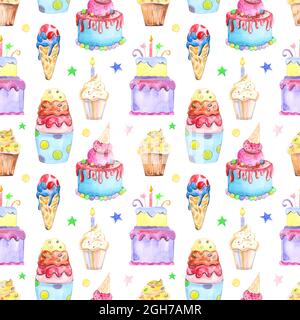 Illustration modèle transparent dessiné par aquarelle : confiserie gâteaux, muffins, macarons sur l'arrière-plan. Banque D'Images