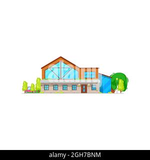 Maison de ville, chalet rural loft avec voiture garée dans le jardin isolé immeuble de dessins animés. Vector moderne bâtiment extérieur maison, chalet, villa W Illustration de Vecteur
