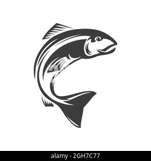 Saumon poisson à finies de rayons isolé mascotte de pêche icône monochrome. Vector truite poisson grisant corégone ombre pêche sport trophée. Animal sous-marin, sal Illustration de Vecteur