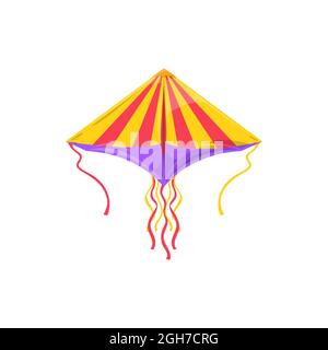 Cerf-volant rayé avec longues cordes ondulées isolé jouet été pour enfants. Vecteur volant kite-ballon Uttarayan International Kites Festival objet dans le ciel, Illustration de Vecteur