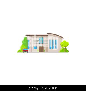 Bâtiment extérieur moderne avec parking dans le jardin. Vector Country Cottage, villa avec balcon, porte d'entrée et grandes fenêtres. Maison de ville, loft rural Illustration de Vecteur