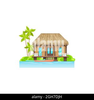 Maison tropicale en bois sur l'eau sur le bord de mer de l'île à la mer ou sur la plage de l'océan, coût de la rivière avec des bateaux de canoë, bungalow avec balcon jetée. Bâtiment à Seasho Illustration de Vecteur