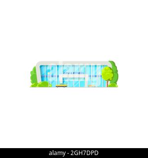 La salle de gym et le centre de remise en forme construisent un club de sport isolé icône de dessin animé. Vue avant du centre de beauté Vector, voitures garées. Façade extérieure de l'architecture de la ville, urb Illustration de Vecteur