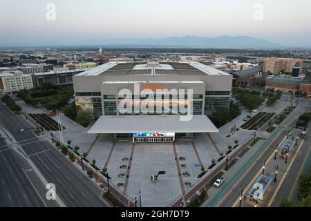 Vue aérienne de Vivint Smart Home Arena, le dimanche 5 septembre 2021, à Salt Lake City. Le site accueille le Utah Jazz de la NBA. Banque D'Images