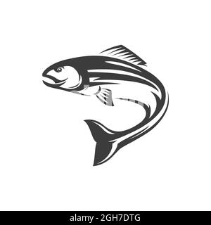 Trophée de pêche au corégone gris icône monochrome isolée. Vecteur animal sous-marin, truite ou poisson-car. Saumon de l'Atlantique poisson d'eau douce à finies rayées, Illustration de Vecteur
