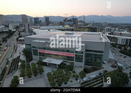 Vue aérienne de Vivint Smart Home Arena, le dimanche 5 septembre 2021, à Salt Lake City. Le site accueille le Utah Jazz de la NBA. Banque D'Images