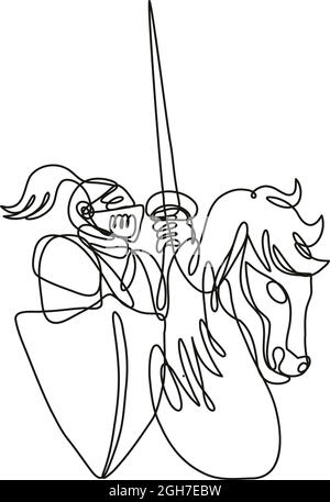 Dessin de ligne continue illustration d'un chevalier avec lance et bouclier de la place d'équitation fait en ligne simple ou en forme de doodle en noir et blanc sur b isolé Illustration de Vecteur