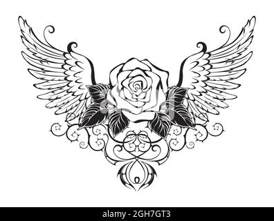 Artistiquement dessiné, fleur, contour rose, décoré avec des feuilles noires avec des ailes d'ange de contour sur fond blanc. Illustration de Vecteur