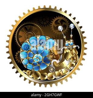 Escargot mécanique en laiton, pièces métalliques avec coquille lumineuse, transparente, bleue, en spirale, ornée d'engrenages en cercle avec engrenages bruns sur blanc Illustration de Vecteur