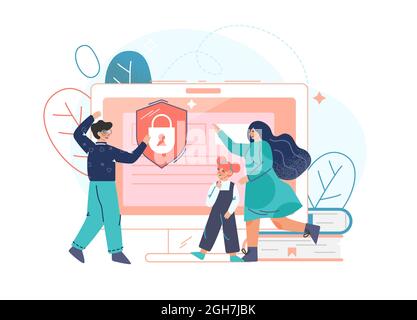 Logiciel de contrôle parental, restriction d'accès pour enfants illustration vectorielle plate. Papa et maman bloquent les contenus interdits ou inappropriés sur les médias sociaux. Les parents offrent un accès Internet sécurisé pour leur fille. Illustration de Vecteur