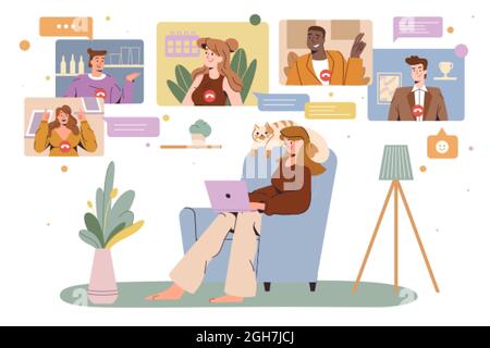 Flat Happy Woman à la chaise avec ordinateur portable, organisez une réunion de vidéoconférence avec vos collègues. Communication des employés via Internet. Fille parlant avec des amis en ligne. Concept de travail à distance à domicile. Illustration de Vecteur