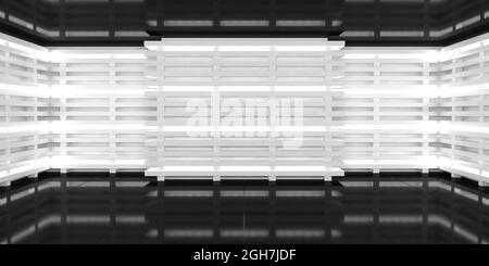 Ce studio sombre est décoré de néons blancs et lumineux sur les murs. Espace vide pour le texte au centre. Arrière-plan abstrait tridimensionnel avec réflexions. 3D il Banque D'Images