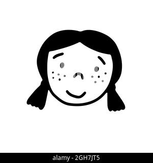 Doodle sourire gentille fille avec des taches de rousseur. Visage de bébé dessiné à la main, isolé sur fond blanc. Avatar de fête mignon humain. Personne de dessin animé. Portrait d'enfant. Illustration de Vecteur