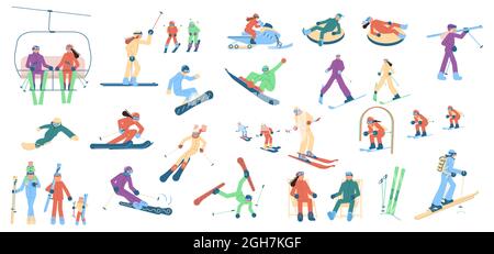 Grand ensemble avec activités d'hiver. Skieurs adultes et enfants, snowboardeurs et tubing isolés sur blanc. Illustration de vecteur d'art plat Illustration de Vecteur