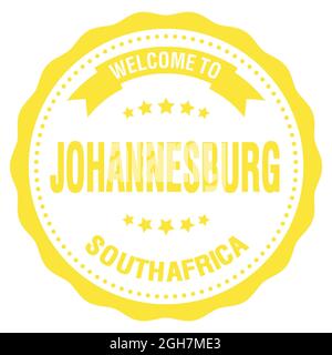 BIENVENUE À JOHANNESBURG - AFRIQUE DU SUD, mots écrits sur le timbre jaune rond de l'insigne Banque D'Images