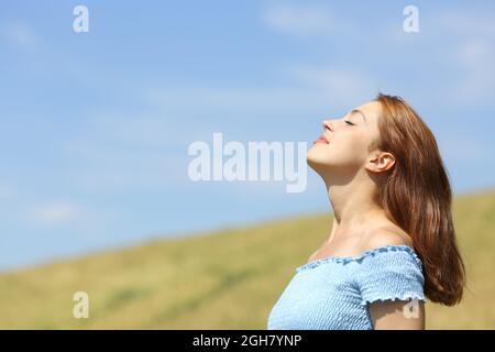 Portrait de profil d'une femme heureuse respirant de l'air frais dans un champ de blé Banque D'Images