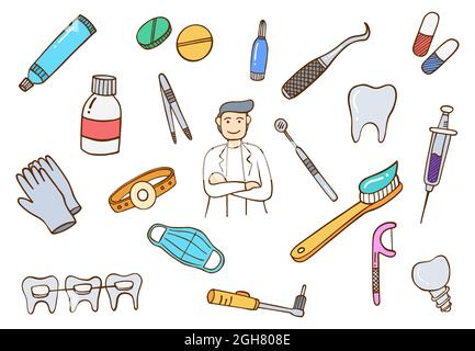 dentiste médecin emplois profession concept doodle main dessinés ensemble collections avec contour plat style illustration vectorielle Banque D'Images