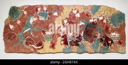 Fresque Minoenne, représentant des singes collectant du safran, l'une des plus anciennes peintures murales encore en vie du palais de Knossos, période Minoan III moyen (env. 1 Banque D'Images