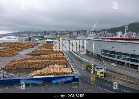 Bois de bois dans le port de Wellington Nouvelle-Zélande exportations de bois Stade régional de Wellington, Westpac maintenant connu sous le nom de Sky Stadium Banque D'Images