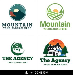 Agence de voyage chalet montagne camping paysage design logo Illustration de Vecteur