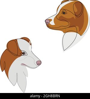 Deux portraits de chiens de berger australiens. Ligne continue. Dessin de ligne de chien avec couleur. Illustration de Vecteur