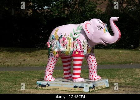 Un éléphant décoré dans le cadre de la Grande Parade dans le centre-ville de Worcester, Royaume-Uni. 2021. Banque D'Images