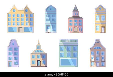 Ensemble de vieilles maisons, boutiques et usines européennes aux couleurs vives dans le style traditionnel de la ville hollandaise. Illustration vectorielle dans le style plat isolé sur Illustration de Vecteur